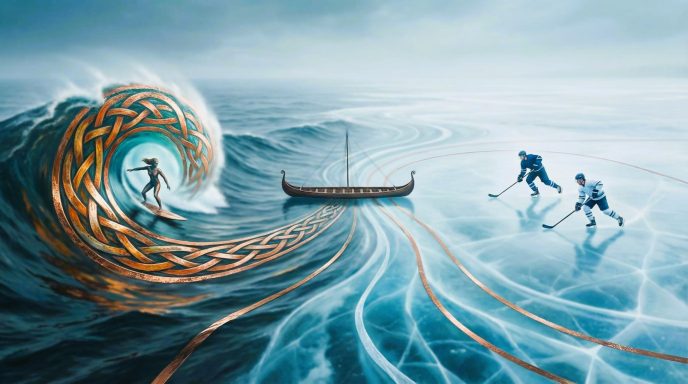 Eine Welle verbindet einen Surfer mit einem Boot und zwei Paddlern im ruhigen Wasser.