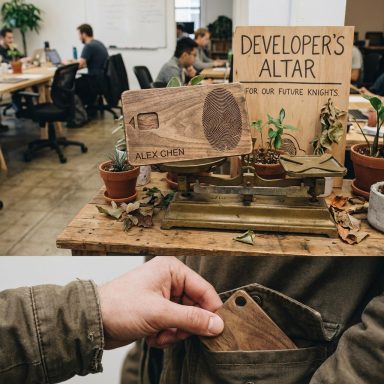 Holztisch mit „Developer's Altar“, Pflanzen und Holzobjekten, Hand hält kleine Holzkarte.