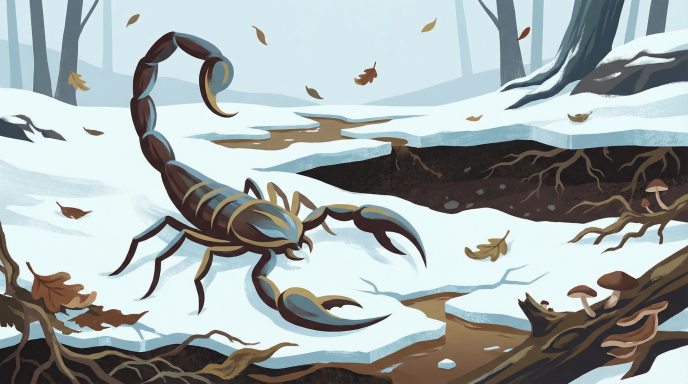 Ein Skorpion kriecht durch einen verschneiten Wald mit gefallenen Blättern.