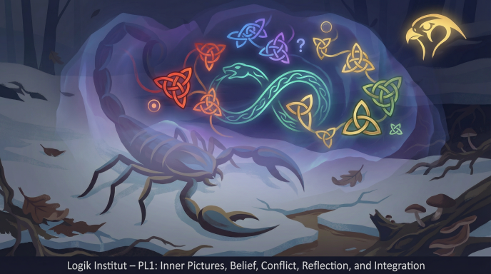 Ein skurriles, mystisches Wesen in einer verschneiten Landschaft mit bunten Symbolen.