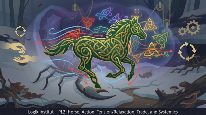 Ein grün eingerahmtes Pferd mit keltischen Mustern in einem mystischen Wald.