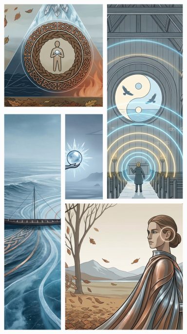 Verschiedene Szenen mit symbolischen Darstellungen von Natur, Mensch und Harmonie.