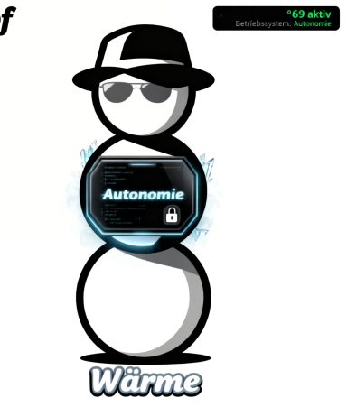 Ein frostiger Schneemann mit Sonnenbrille und einem Schild "Autonomie".