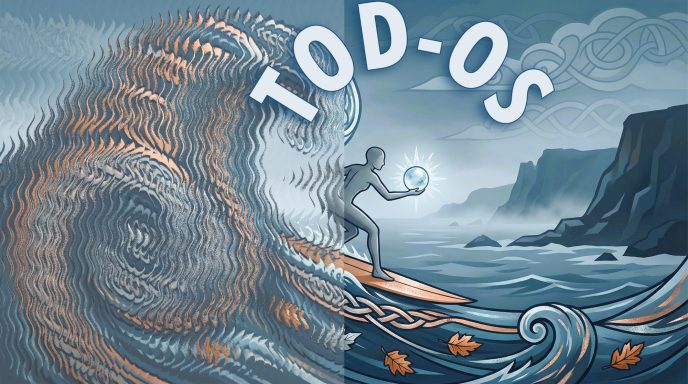 Surfer reitet eine Welle und hält eine leuchtende Kugel in der Hand. "TOD-OS" Schriftzug im Hintergrund.