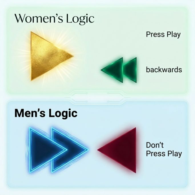 Darstellung von „Frauenlogik“ und „Männerlogik“ mit Tastensymbolen und unterschiedlichen Farben.