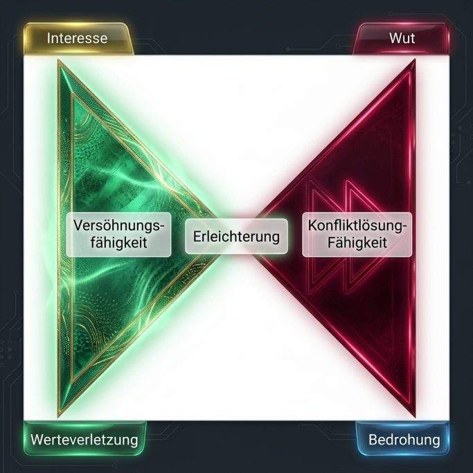 Diagramm mit zwei Dreiecken: grün für Verbindung und rot für Wut, mit Achsen für Eigenschaften.