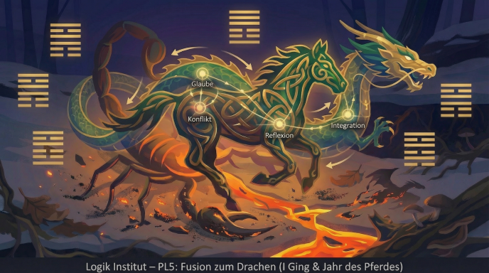 Ein mystischer Drache mit leuchtenden Elementen, umgeben von symbolischen Zeichen.