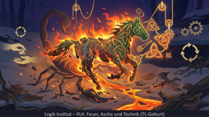 Ein feuerspeiendes, grünes Pferd läuft durch eine mystische Landschaft.